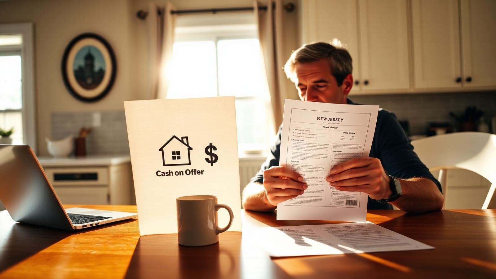 New Jersey homeowner at a kitchen table comparing a cash offer with a traditional listing plan